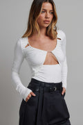 Everly Cut Out Long Sleeve Bodysuit in White, view 1, Bayse Brand