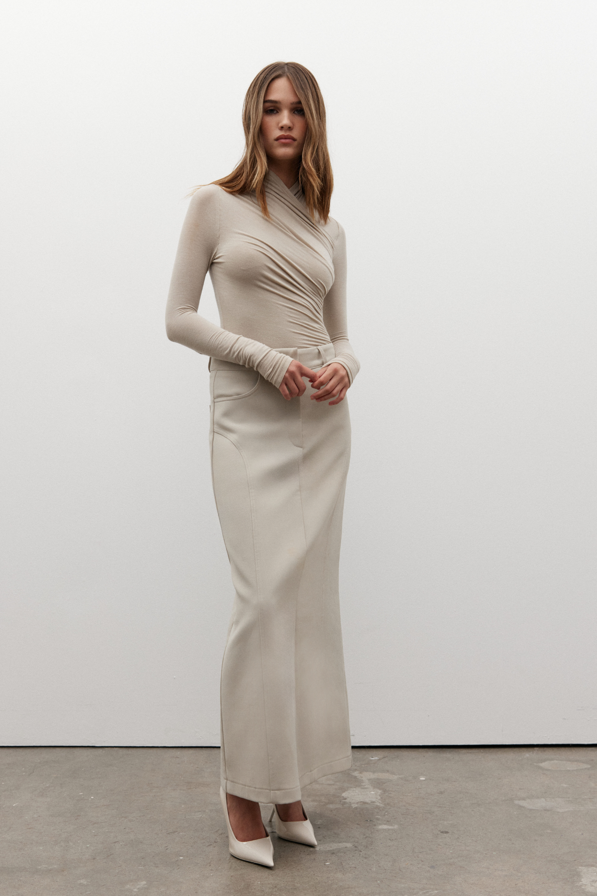 Beckett Draped Skirt in Bone, view 1, Bayse Brand