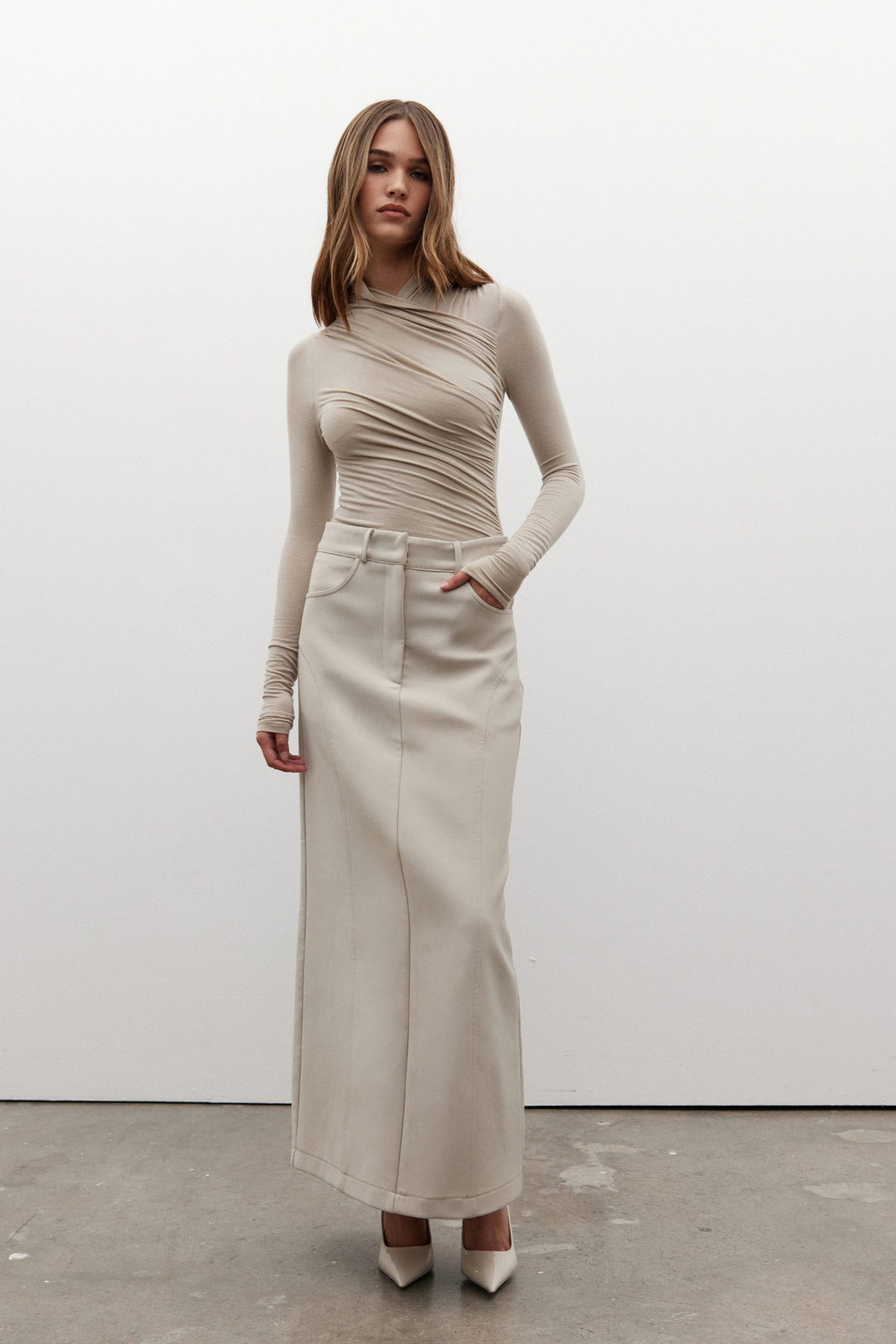 Beckett Draped Skirt in Bone, view 5, Bayse Brand