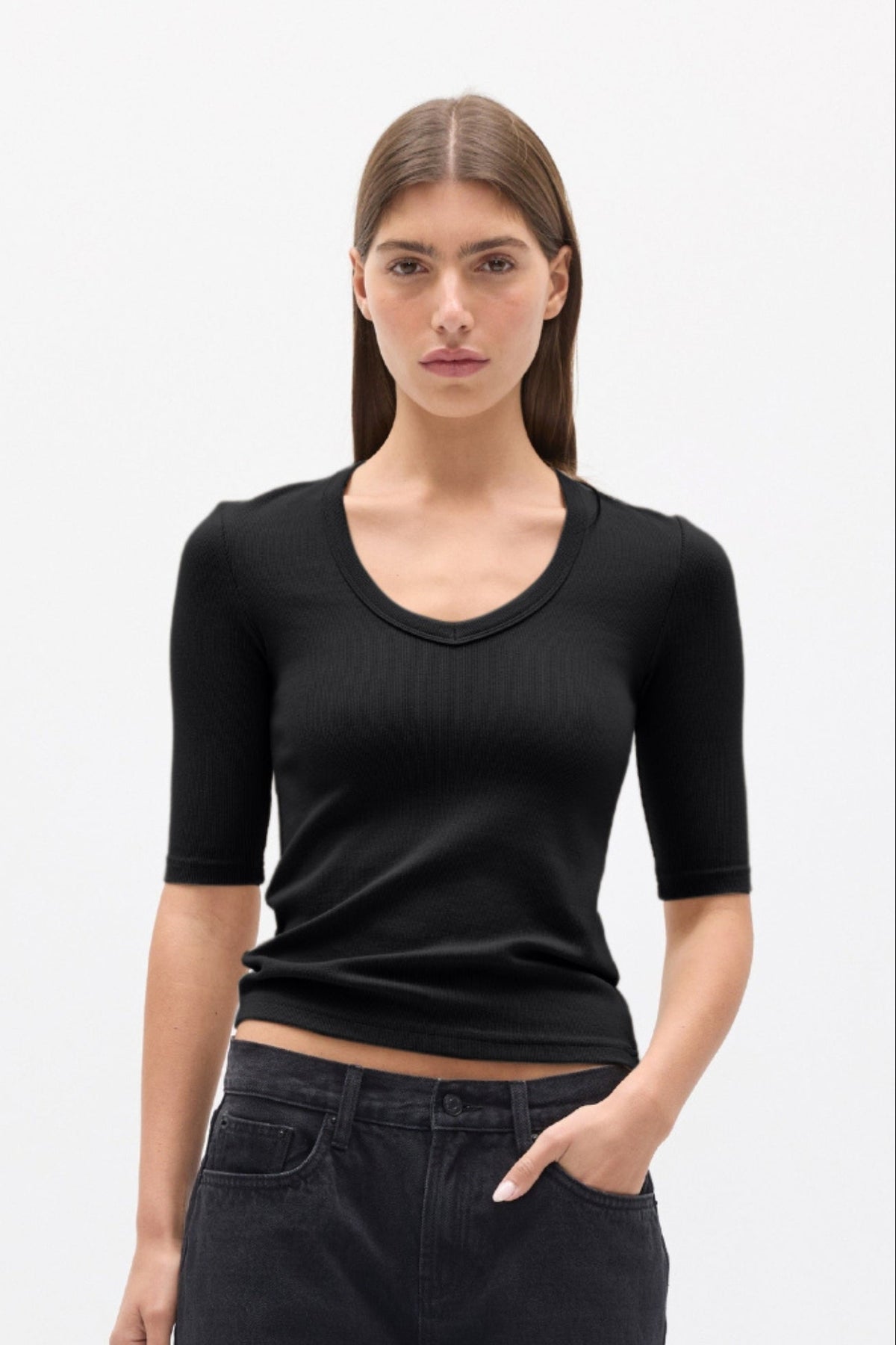 Nova Scoop Neck Tee in Black, view 3, Bayse Brand