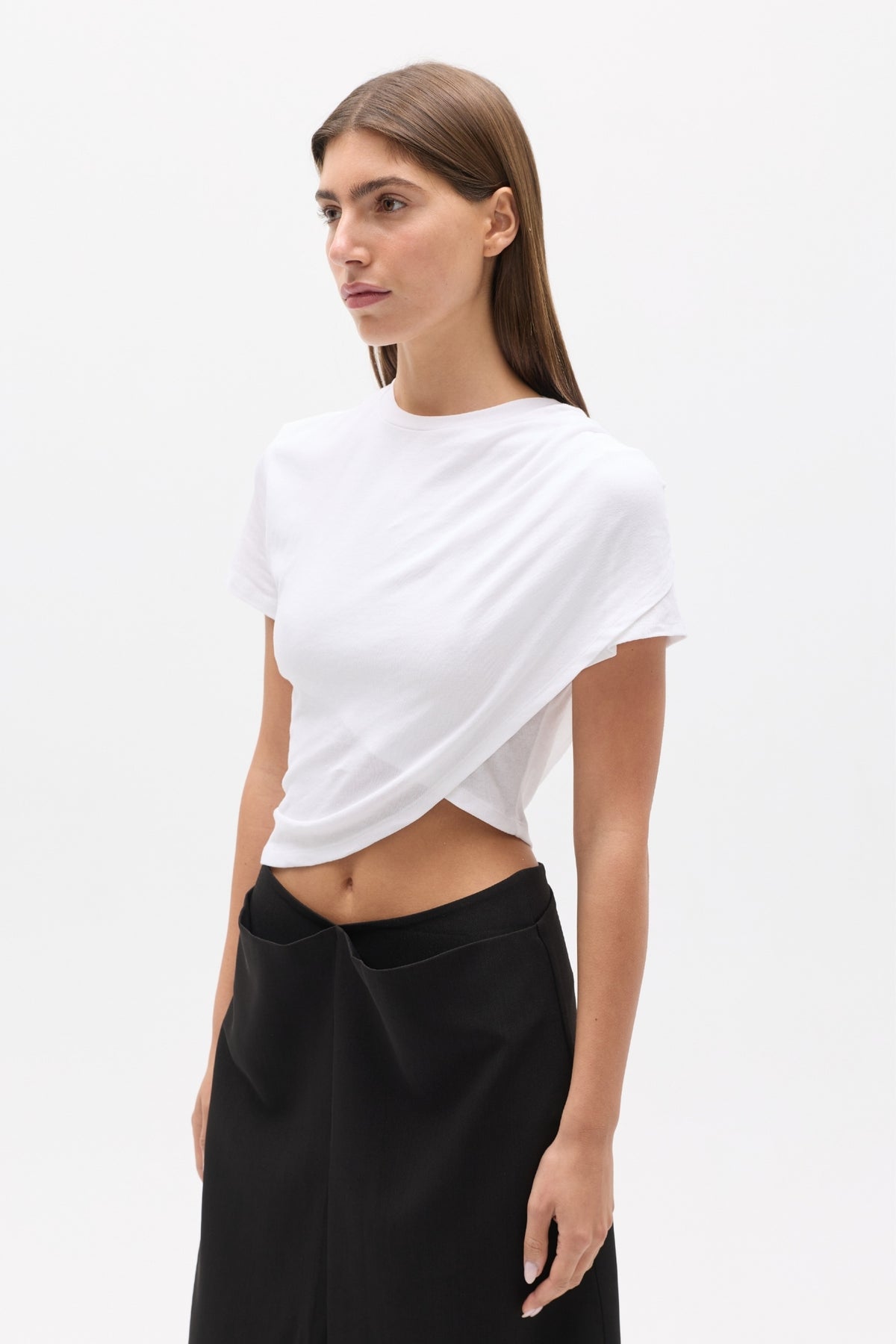 Astin Asymmetric Draped Crew Neck Top in White, view 3, Bayse Brand