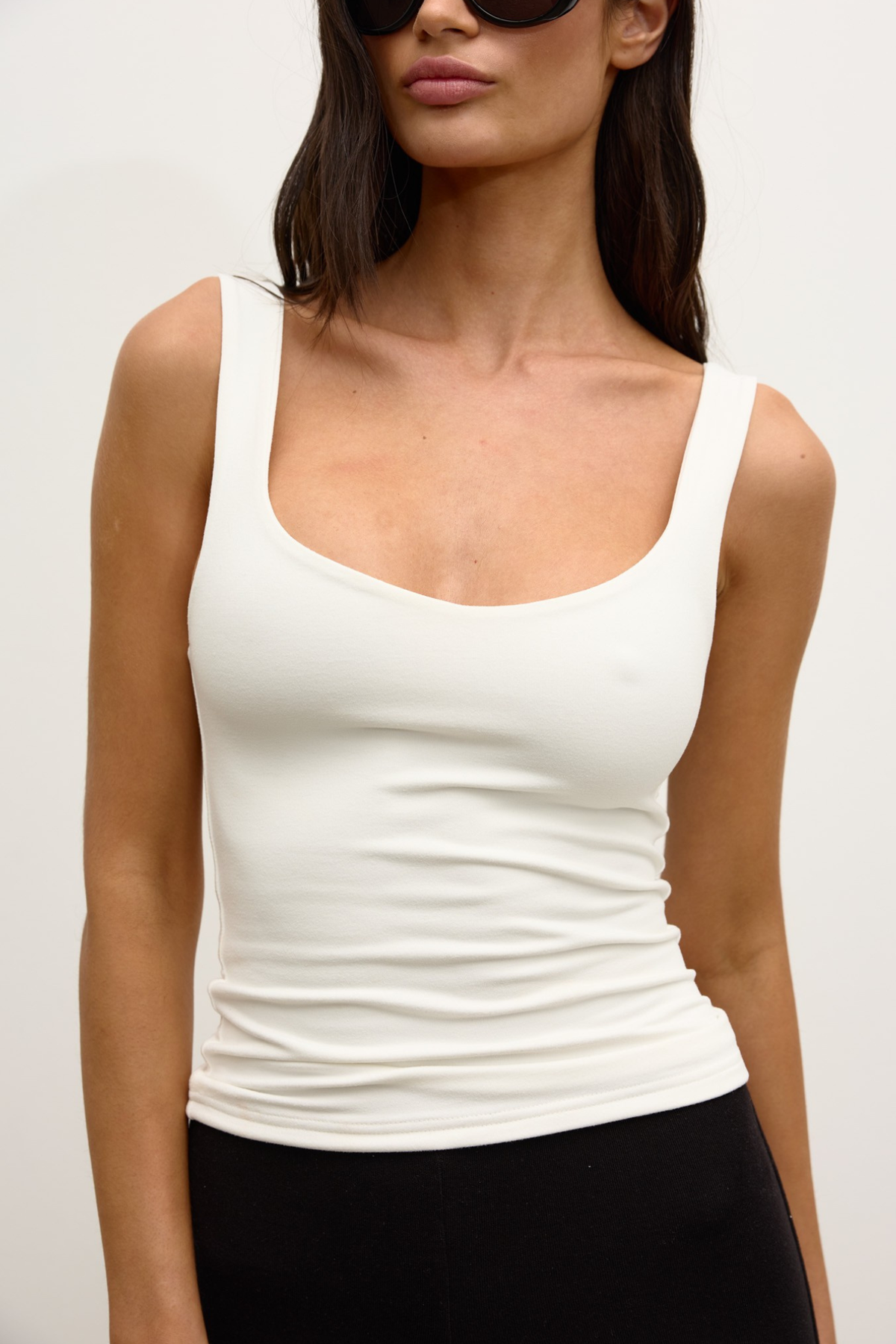 Ray Scoop Neck Tank in White, view 2, Bayse Brand