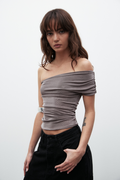 Josie Off Shoulder Crop Top in Antique, view 1, Bayse Brand