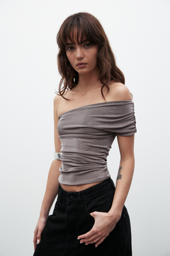 Josie Off Shoulder Crop Top in Antique, view 1, Bayse Brand