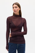 Crystal Sheer Mock Neck Top in Deep Garnet, view 1, Bayse Brand