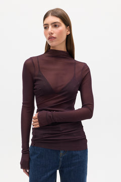 Crystal Sheer Mock Neck Top in Deep Garnet, view 1, Bayse Brand