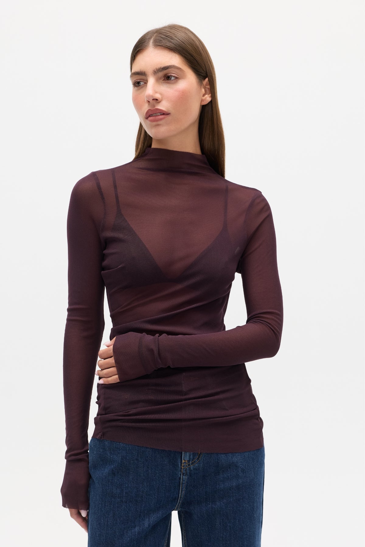 Crystal Sheer Mock Neck Top in Deep Garnet, view 1, Bayse Brand