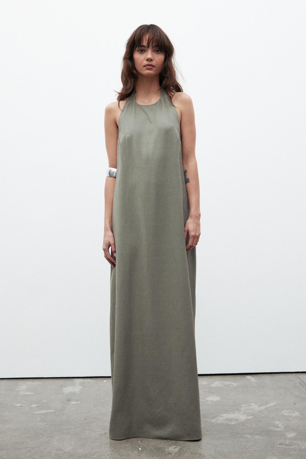 Emerson Linen High Neck Maxi Dress in Taupe, view 1, Bayse Brand