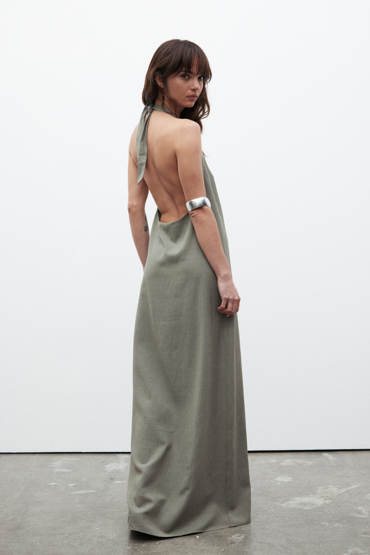 Emerson Linen High Neck Maxi Dress in Taupe, view 2, Bayse Brand