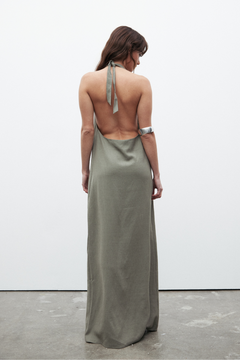 Emerson Linen High Neck Maxi Dress in Taupe, view 3, Bayse Brand