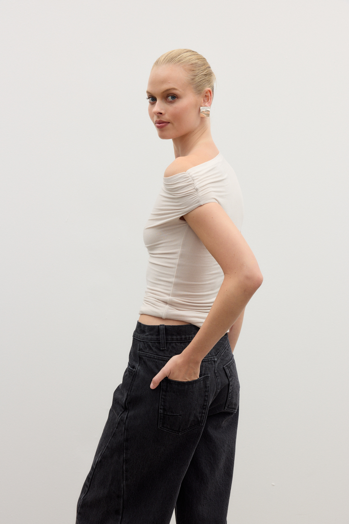 Everleigh Off Shoulder Top in Baby, view 3, Bayse Brand