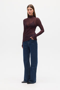 Crystal Sheer Mock Neck Top in Deep Garnet, view 2, Bayse Brand