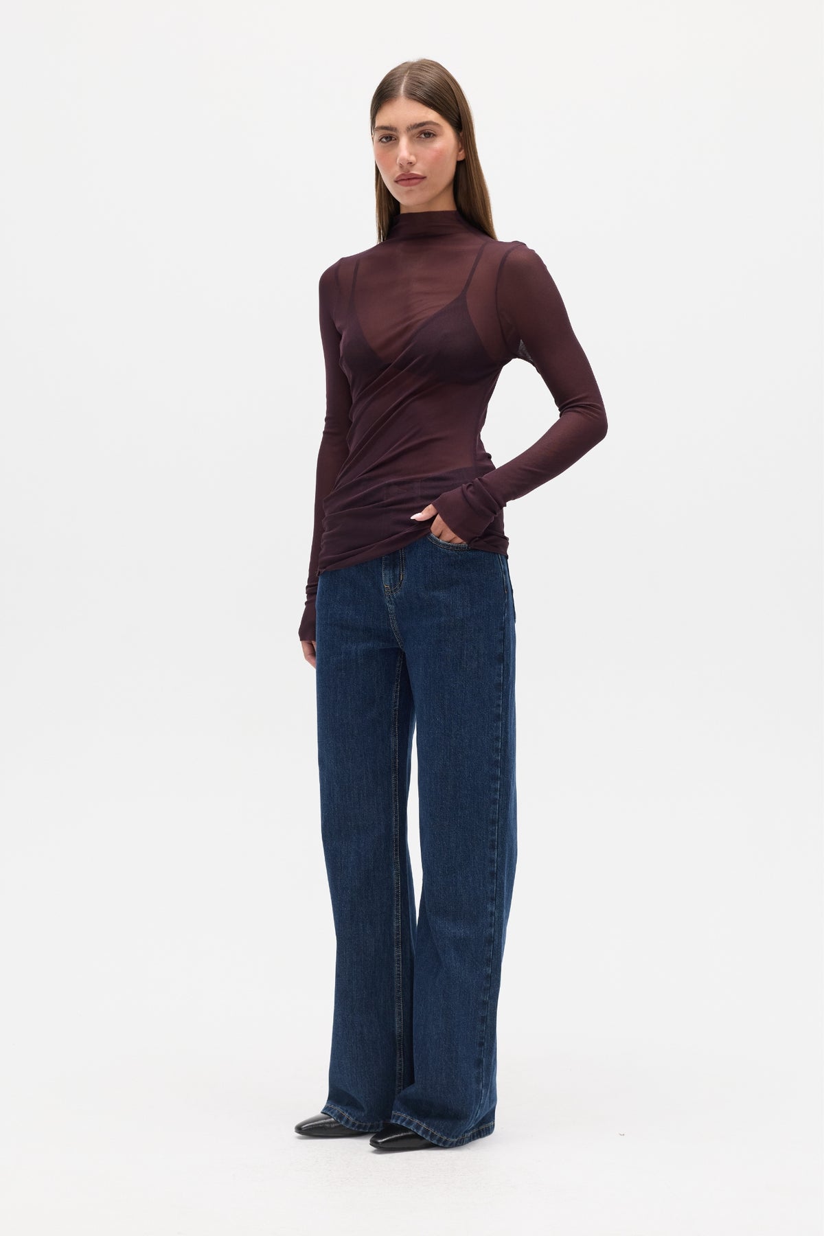 Crystal Sheer Mock Neck Top in Deep Garnet, view 2, Bayse Brand