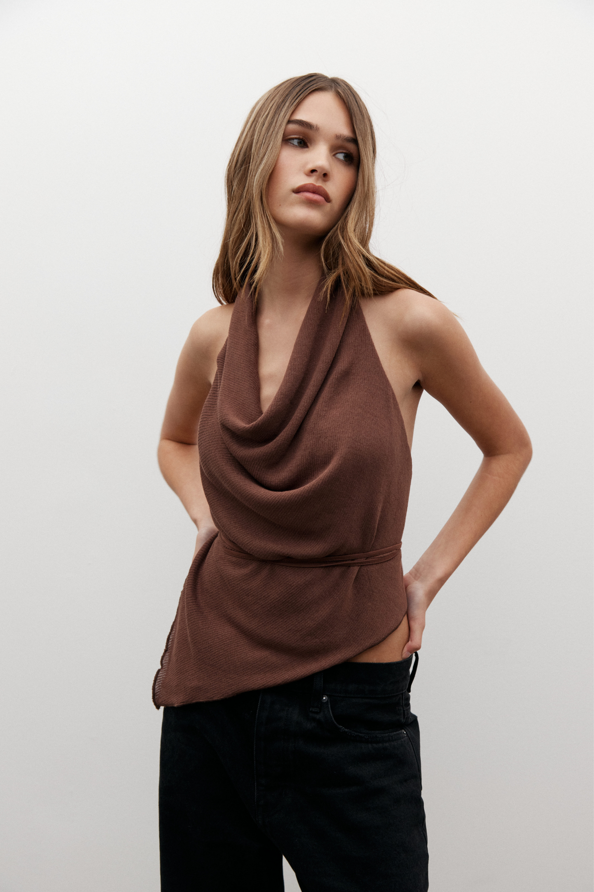 Cerise Cowl Neck Halter Top in Bark, view 1, Bayse Brand