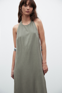Emerson Linen High Neck Maxi Dress in Taupe, view 4, Bayse Brand