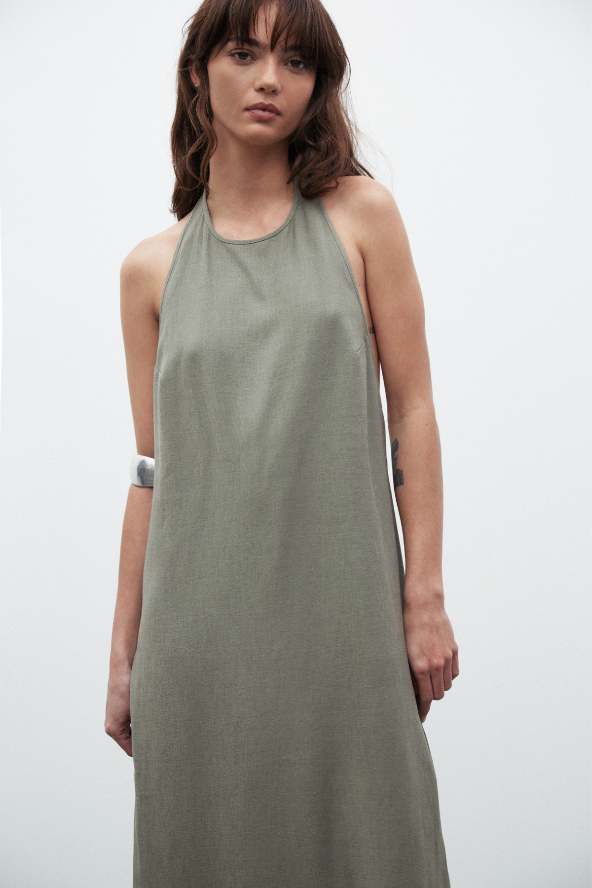 Emerson Linen High Neck Maxi Dress in Taupe, view 4, Bayse Brand