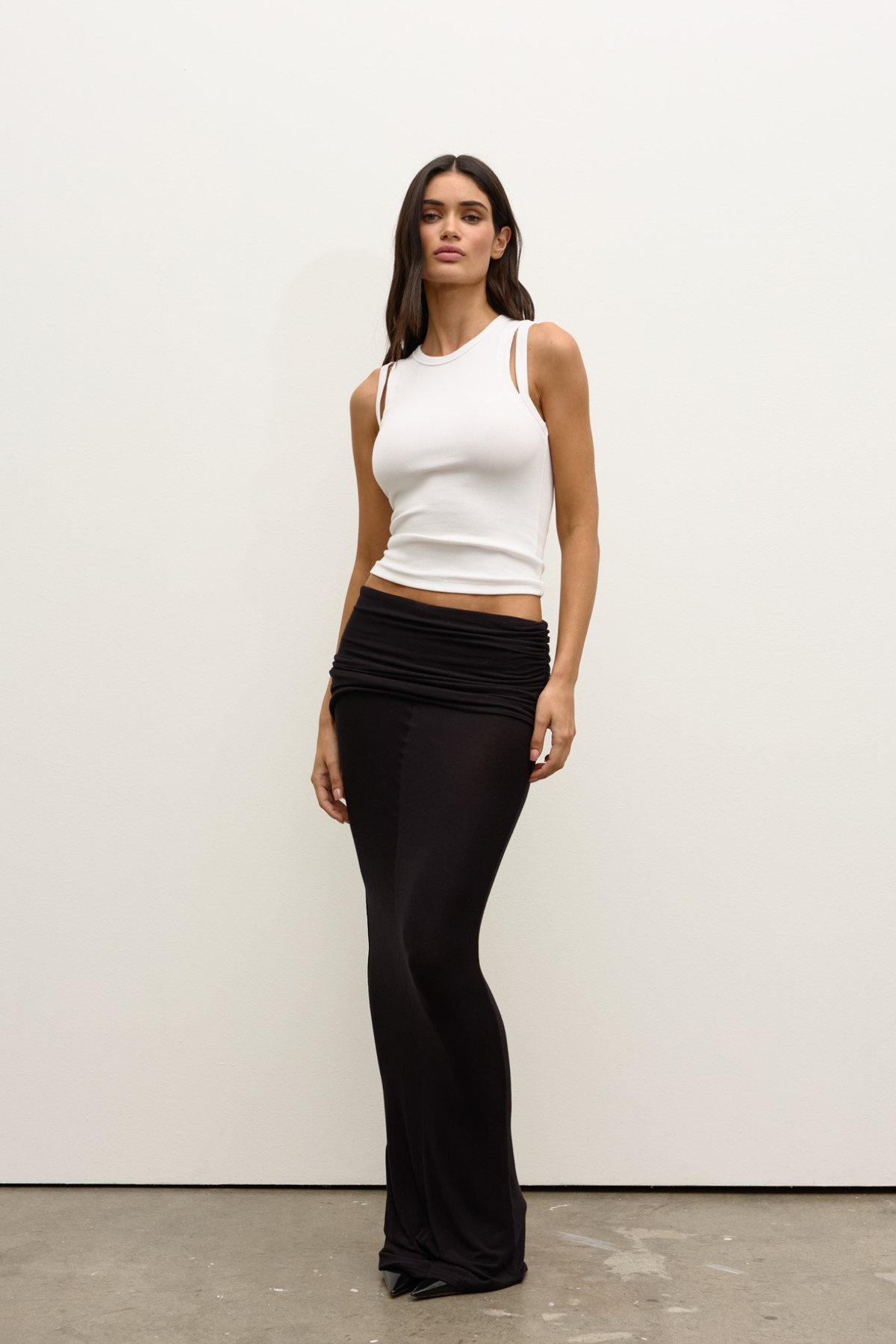 Elle Ribbed Shoulder Cut Out Tee in White, view 2, Bayse Brand