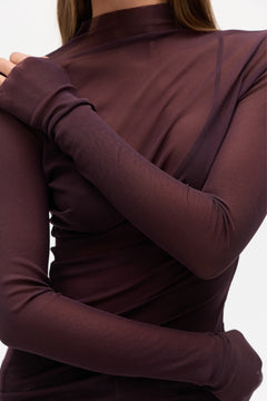 Crystal Sheer Mock Neck Top in Deep Garnet, view 3, Bayse Brand