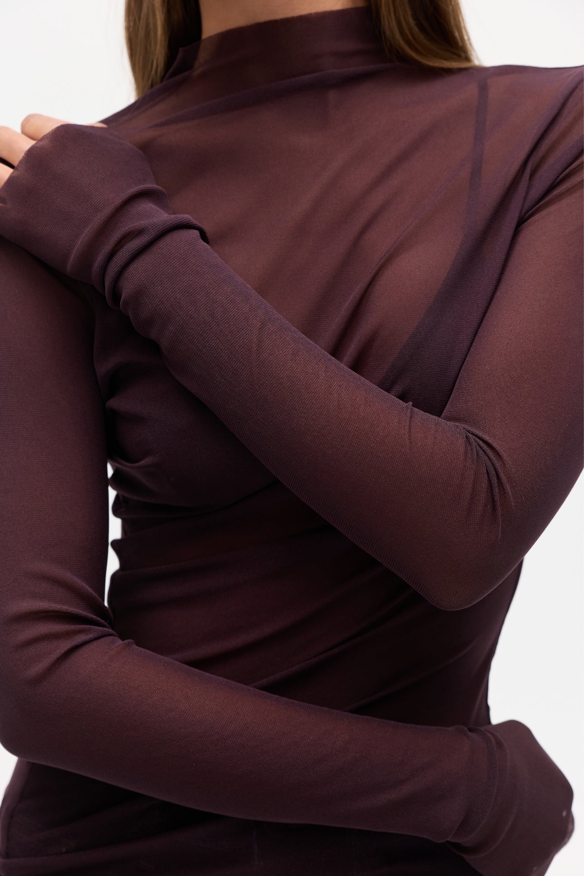 Crystal Sheer Mock Neck Top in Deep Garnet, view 3, Bayse Brand