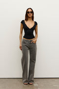 Avery Mid Rise Relaxed Straight Jean in Portland Grey, view 1, Bayse Brand