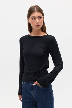 Mallory Open Back Long Sleeve Top in Black, view 3, Bayse Brand