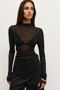 Crystal Sheer Mock Neck Top in Black, view 1, Bayse Brand