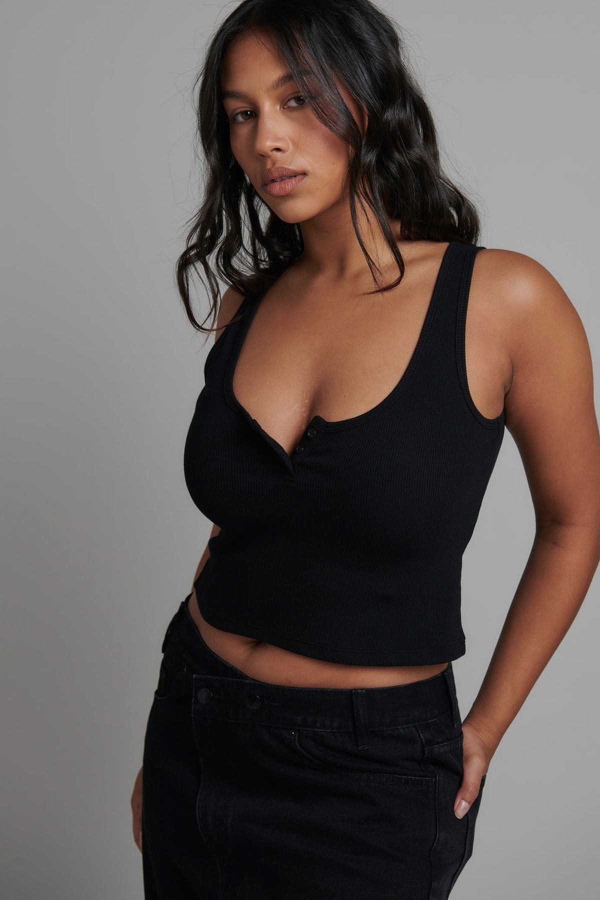 Aries Ribbed Button Tank in Black, view 4, Bayse Brand