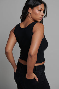 Aries Ribbed Button Tank in Black, view 5, Bayse Brand