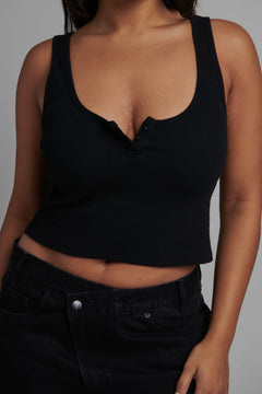 Aries Ribbed Button Tank in Black, view 6, Bayse Brand