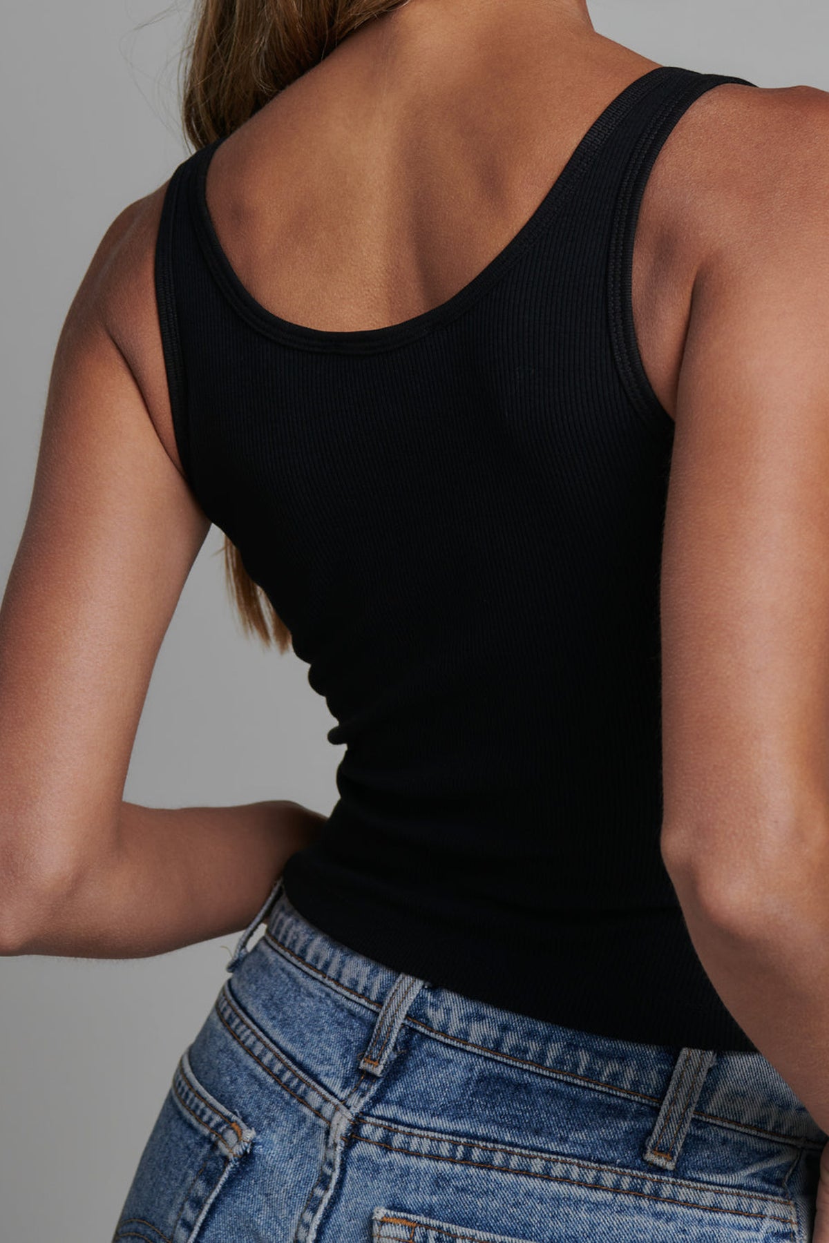 Aries Ribbed Button Tank in Black, view 2, Bayse Brand