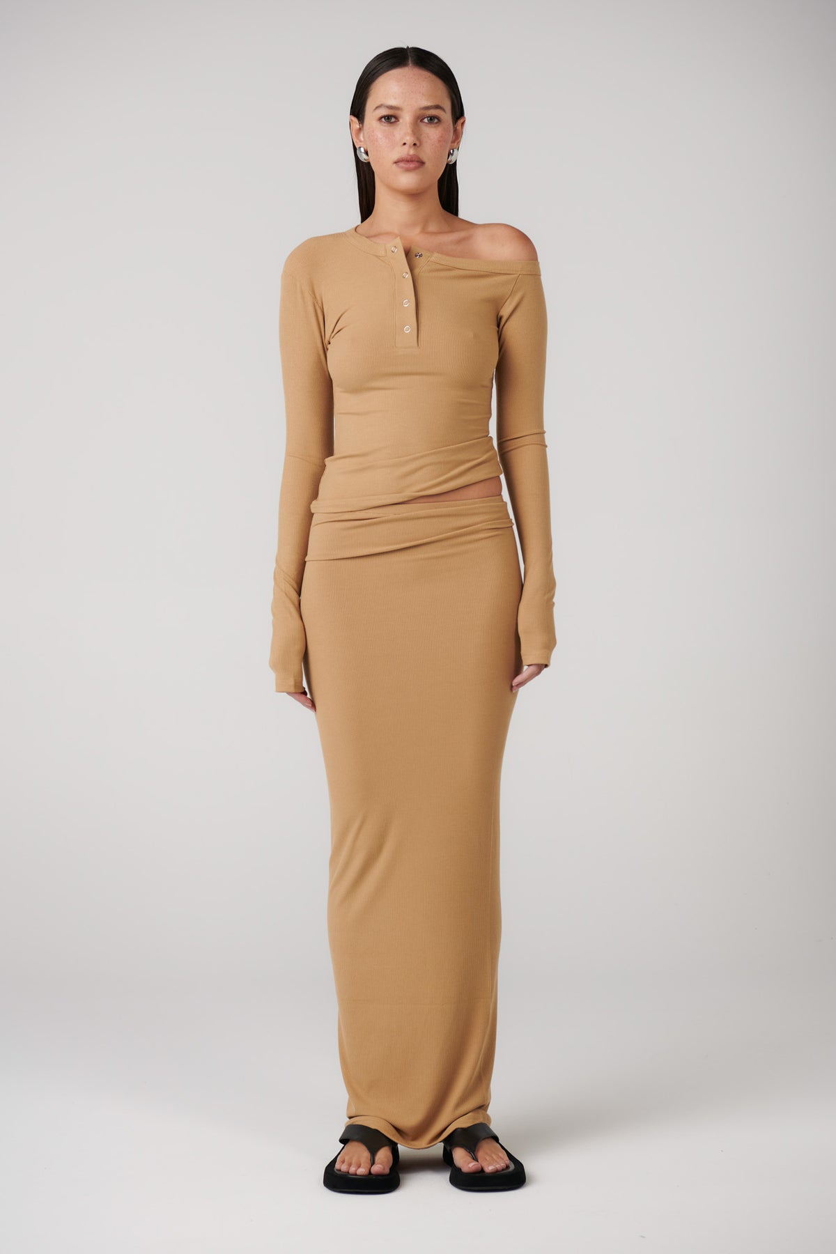 Izzie Ribbed Knit Maxi Skirt in Sepia, view 1, Bayse Brand