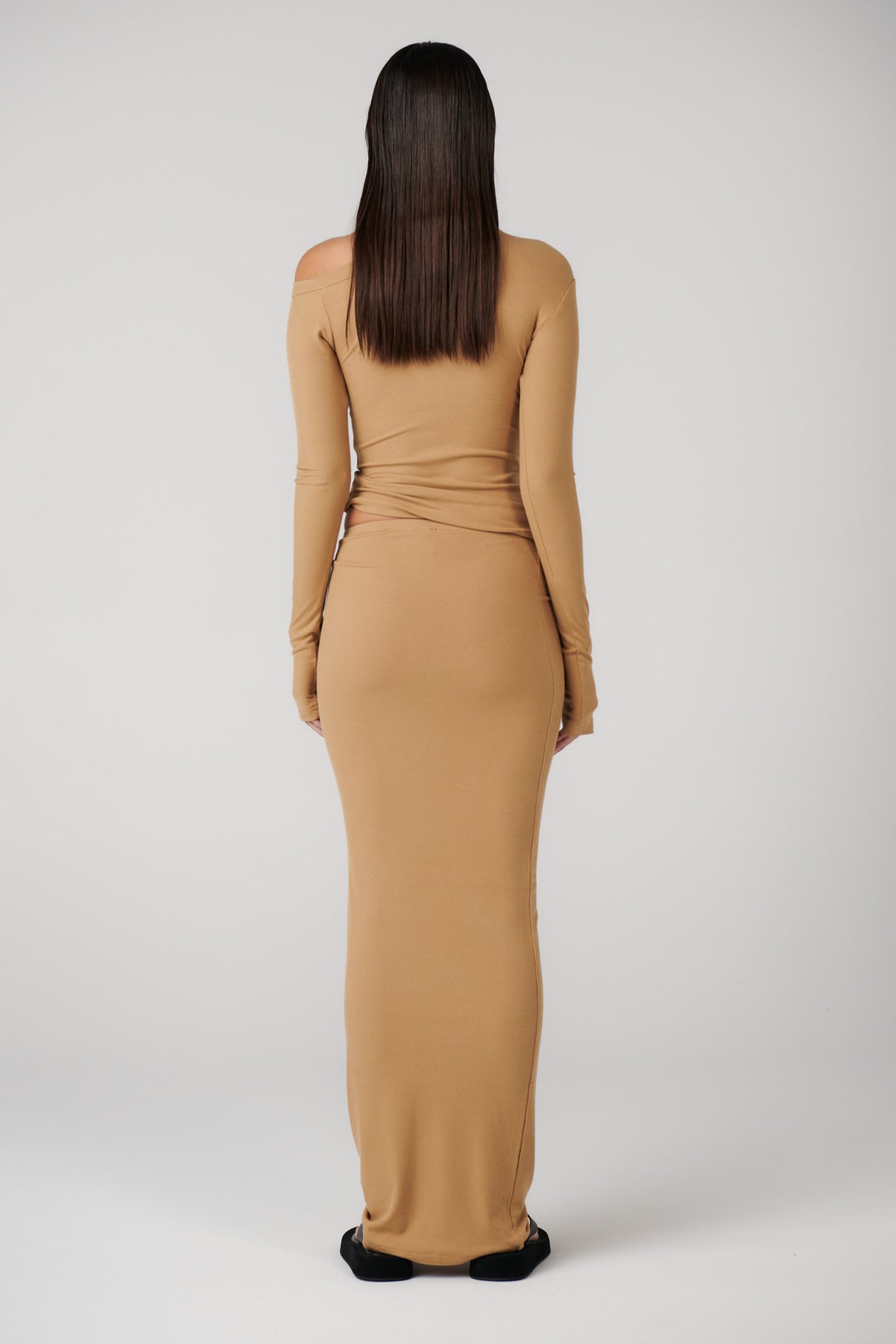 Izzie Ribbed Knit Maxi Skirt in Sepia, view 4, Bayse Brand