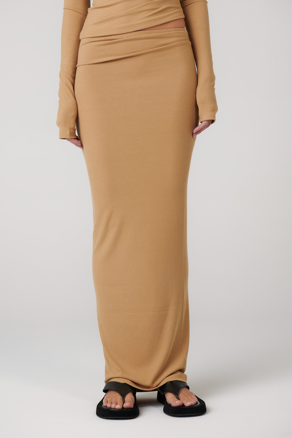 Izzie Ribbed Knit Maxi Skirt in Sepia, view 5, Bayse Brand