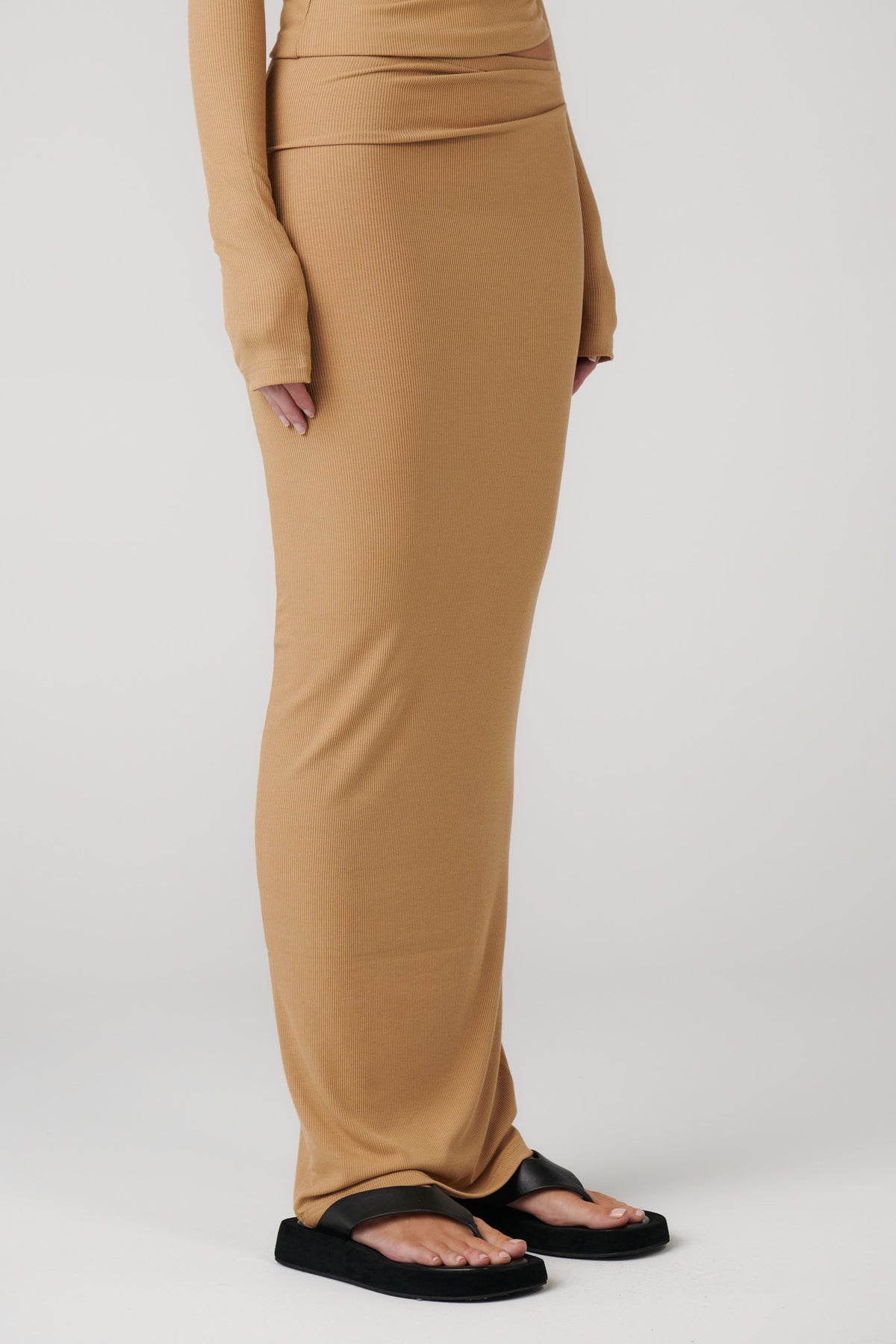 Izzie Ribbed Knit Maxi Skirt in Sepia, view 6, Bayse Brand