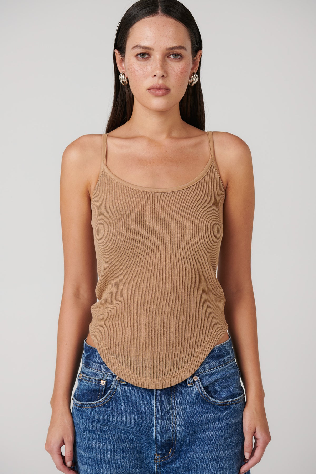Daton Sheer Singlet Top in Latte, view 5, Bayse Brand