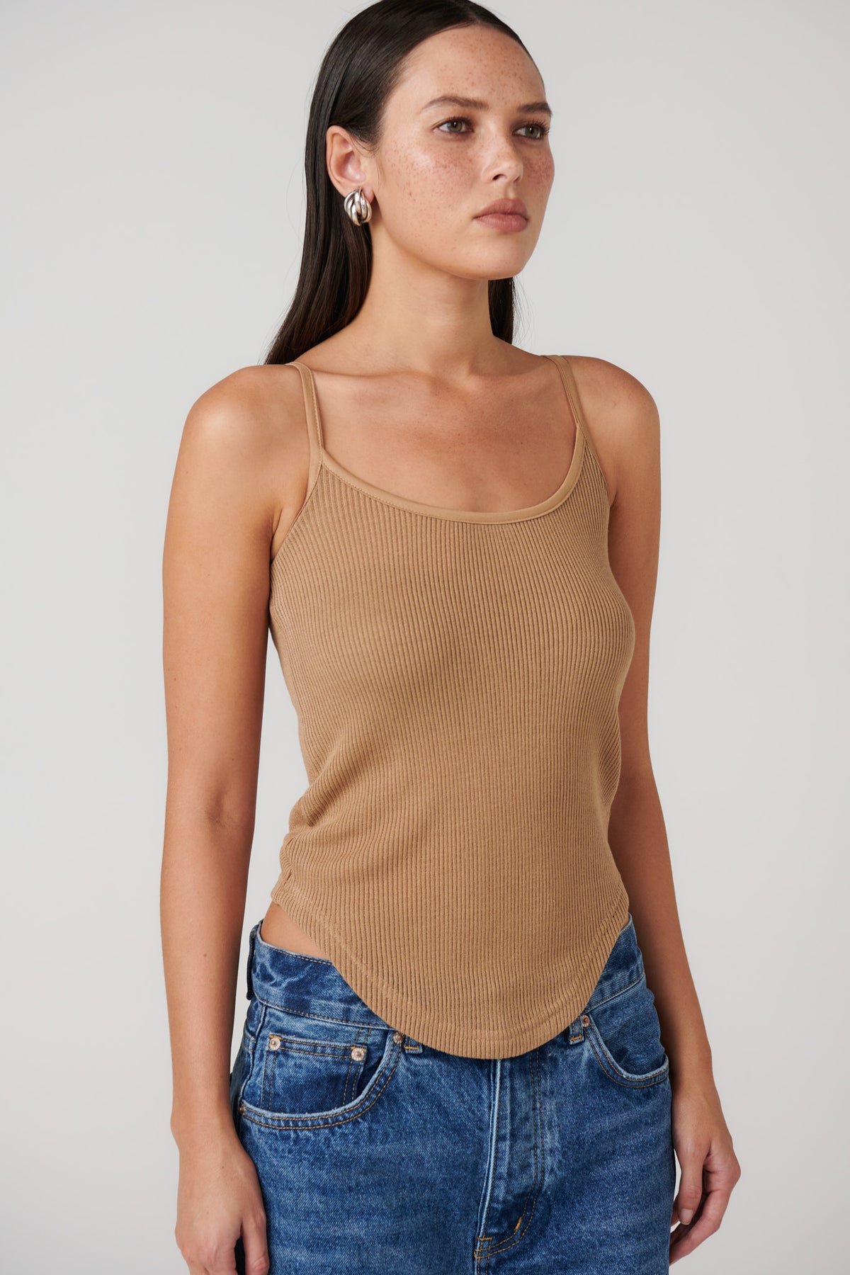 Daton Sheer Singlet Top in Latte, view 4, Bayse Brand