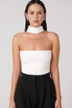 Raine Choker Neck Bodysuit in White, view 5, Bayse Brand