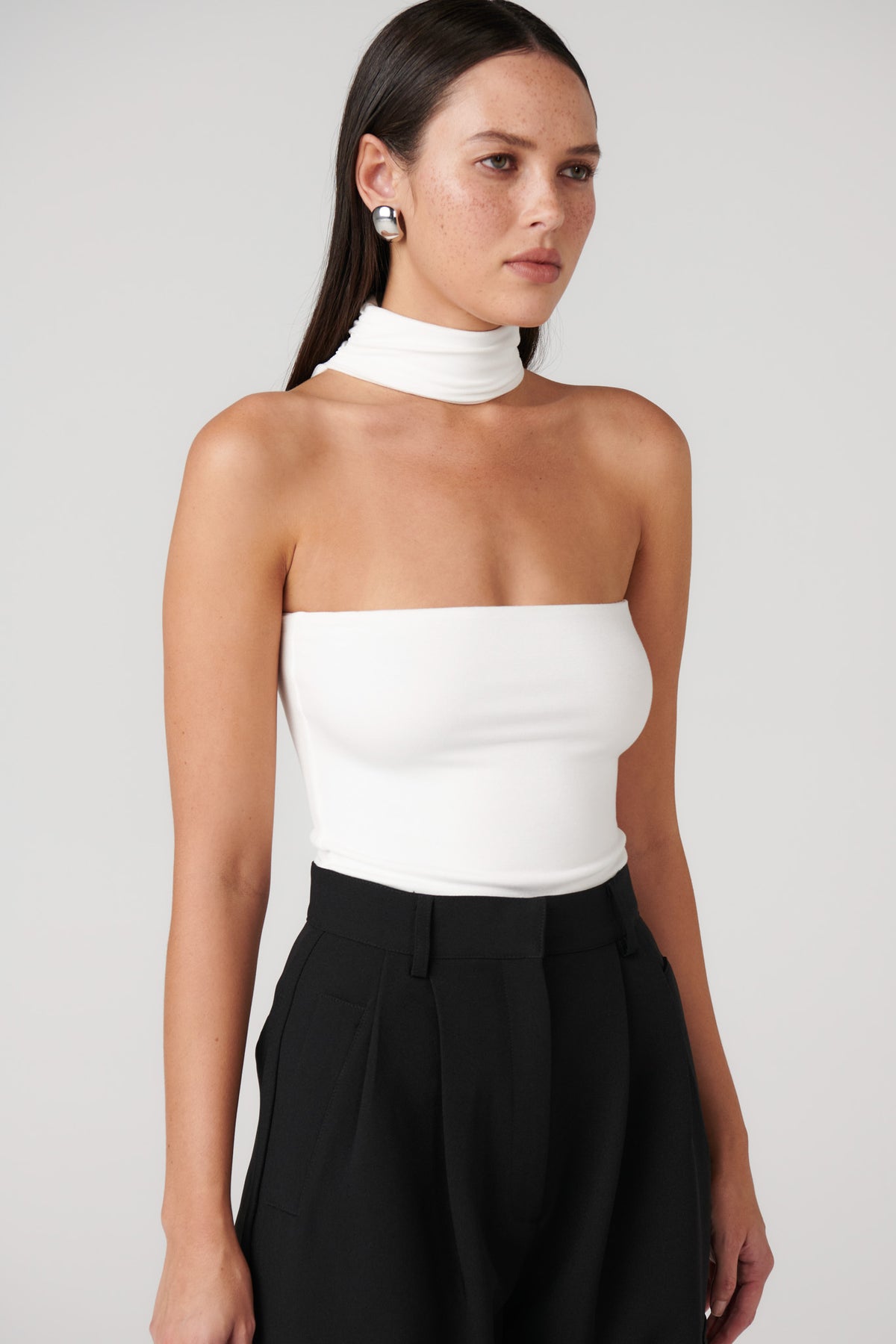 Raine Choker Neck Bodysuit in White, view 4, Bayse Brand