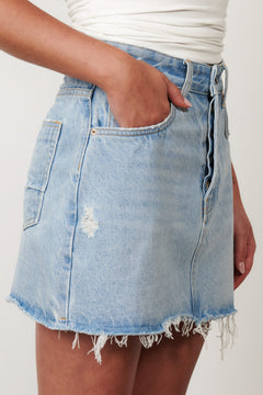 Sierra Raw Hem Denim Mini Skirt in Saltwater Blue, view 5, Bayse Brand