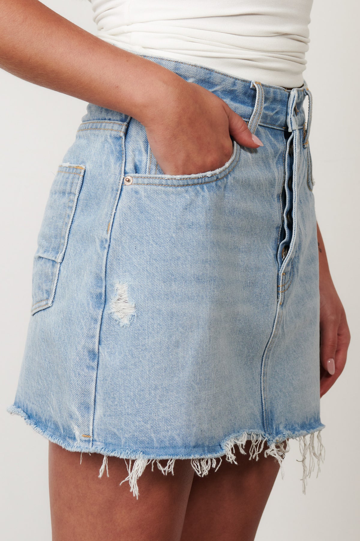 Sierra Raw Hem Denim Mini Skirt in Saltwater Blue, view 5, Bayse Brand
