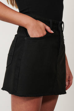 Sierra Raw Hem Denim Mini Skirt in Overdyed Black, view 5, Bayse Brand