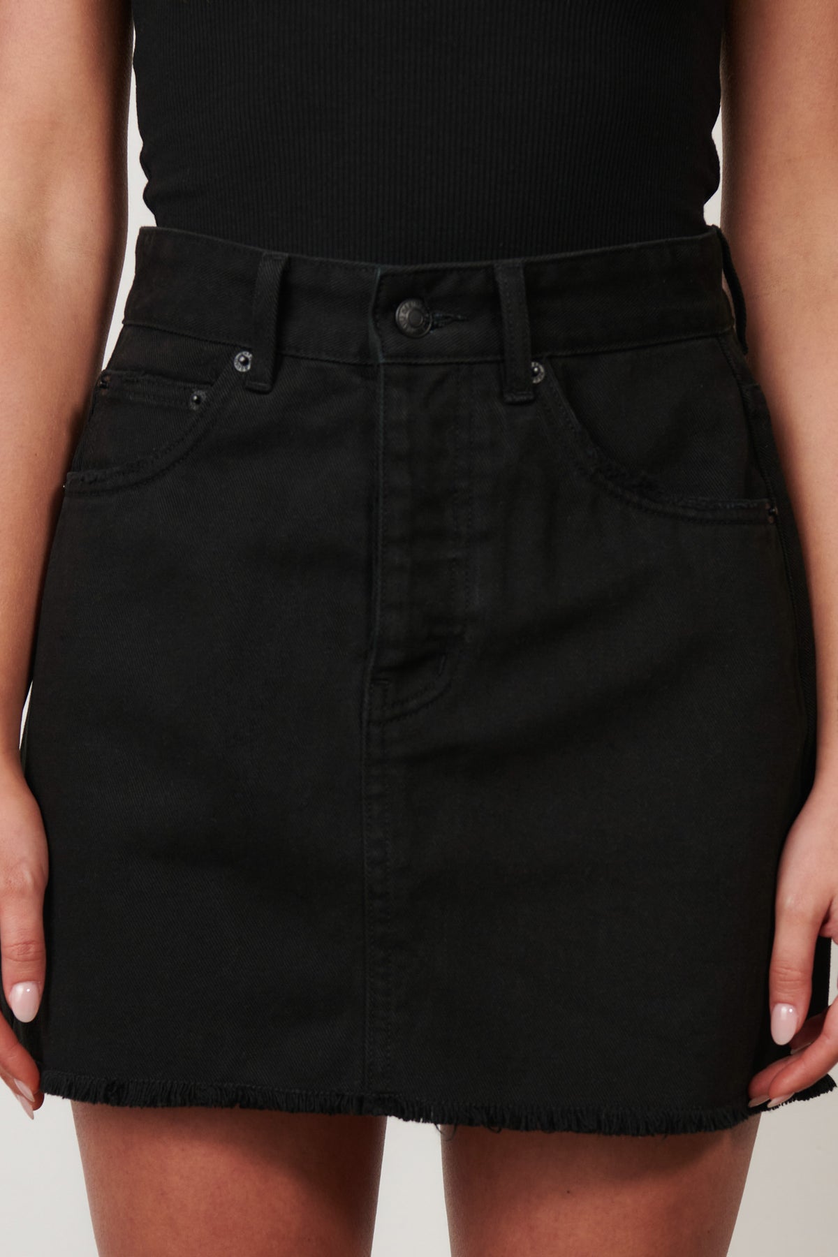 Sierra Raw Hem Denim Mini Skirt in Overdyed Black, view 4, Bayse Brand