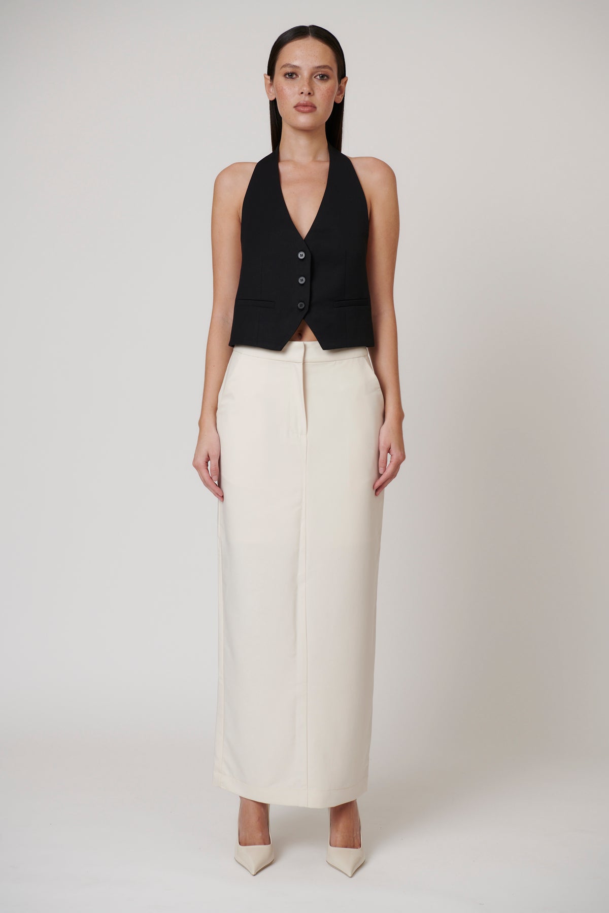 Cori Button Front Open Back Vest in Black, view 1, Bayse Brand