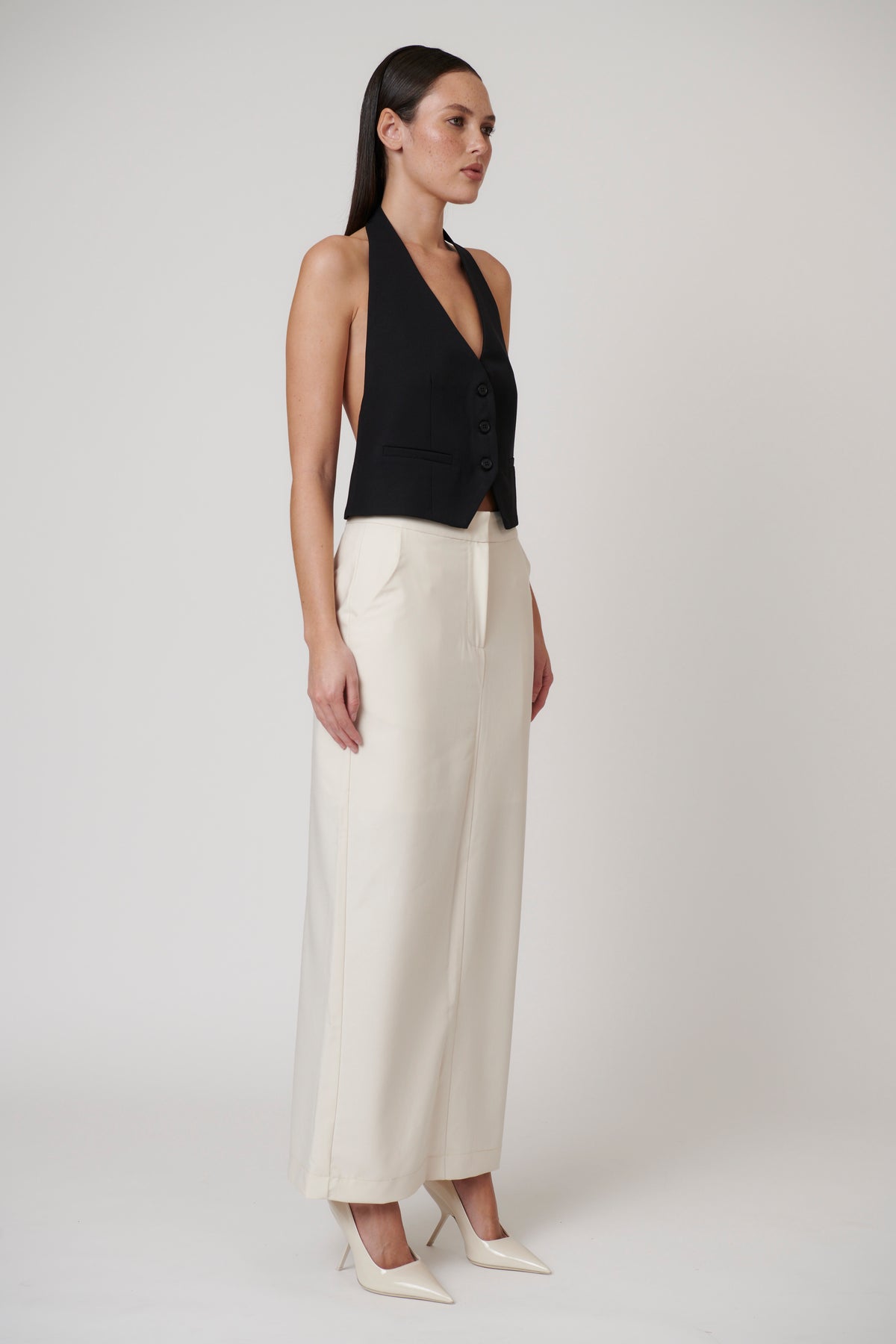 Cori Button Front Open Back Vest in Black, view 2, Bayse Brand