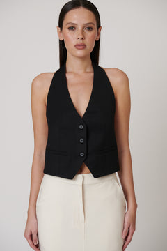 Cori Button Front Open Back Vest in Black, view 4, Bayse Brand