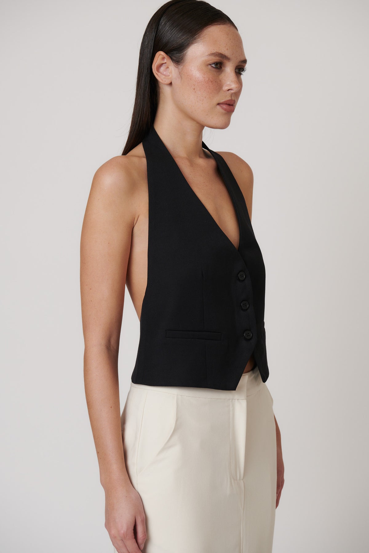 Cori Button Front Open Back Vest in Black, view 5, Bayse Brand