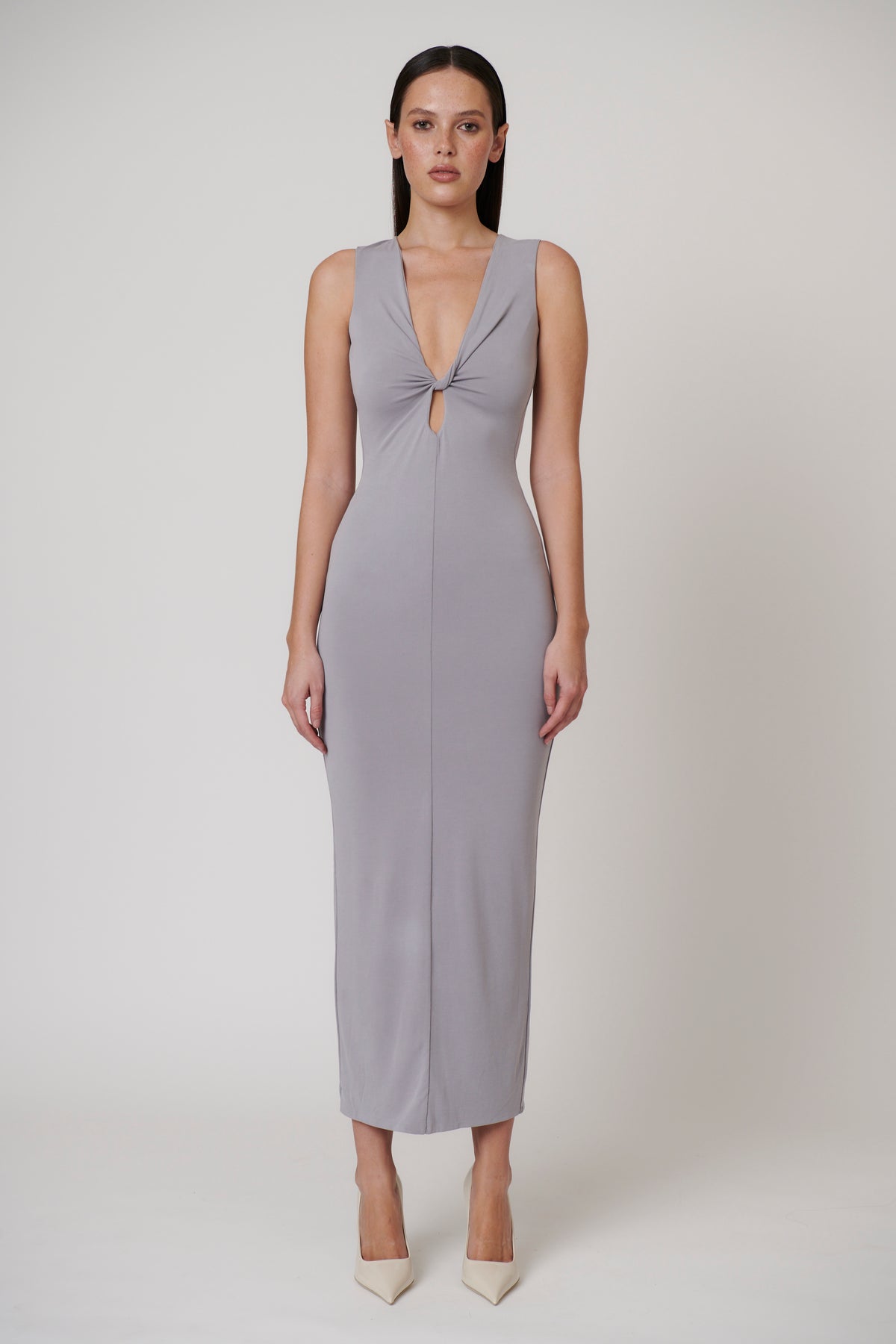 Arietta Twist Cut Out Maxi Dress in Blue Steele, view 1, Bayse Brand