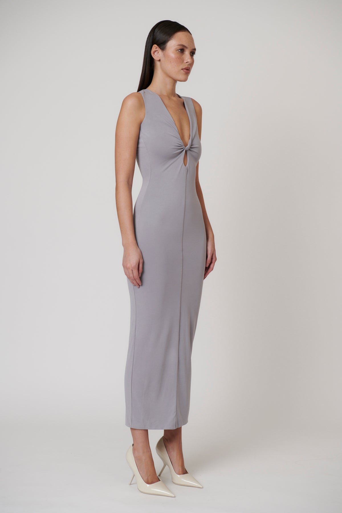 Arietta Twist Cut Out Maxi Dress in Blue Steele, view 2, Bayse Brand