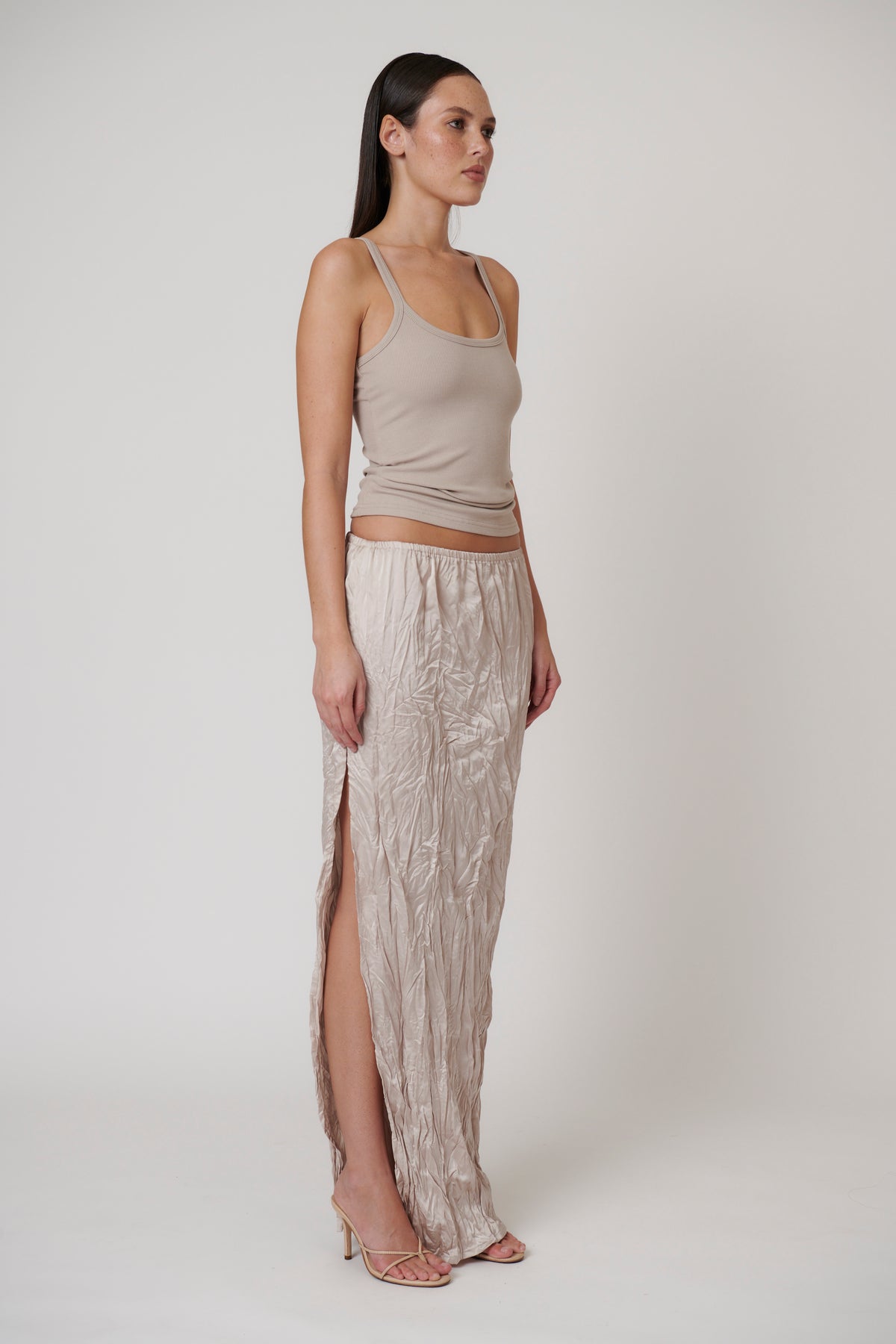 River Split Maxi Skirt in Oyster, view 2, Bayse Brand