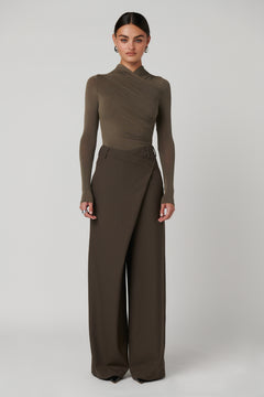 Amrita Draped Crossover Bodysuit in Mink, view 3, Bayse Brand